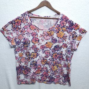 Woman Within Floral Top Womens 1X Blouse Short Sleeves Shirt White Purple Orange